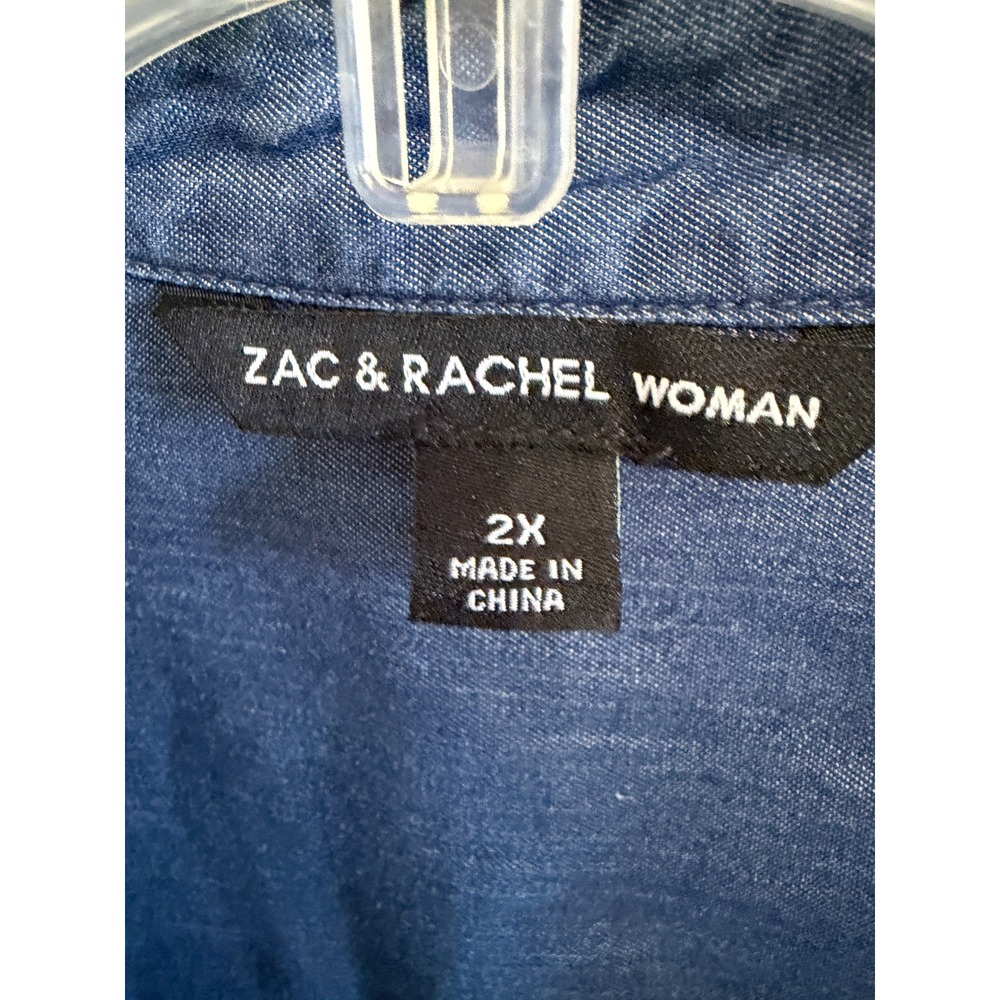 Zac & Rachel Woman 2X Dark Wash Lyocell Denim Blue Roll Tab Button Down Shirt - Picture 4 of 11